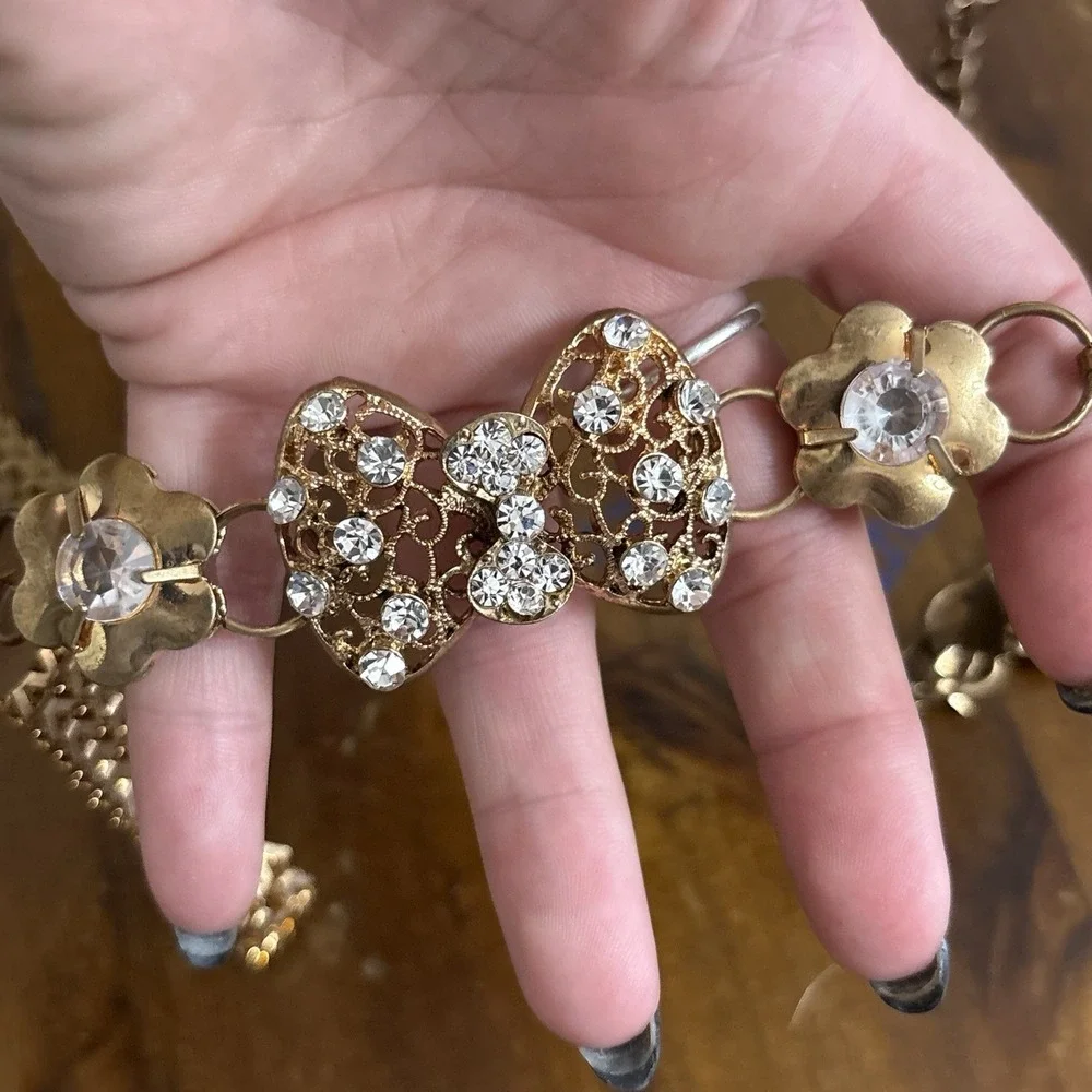 Gold Rhinestone Bow Chain Belt Y2K Coquette Fairycore Girly Glam Adjustable